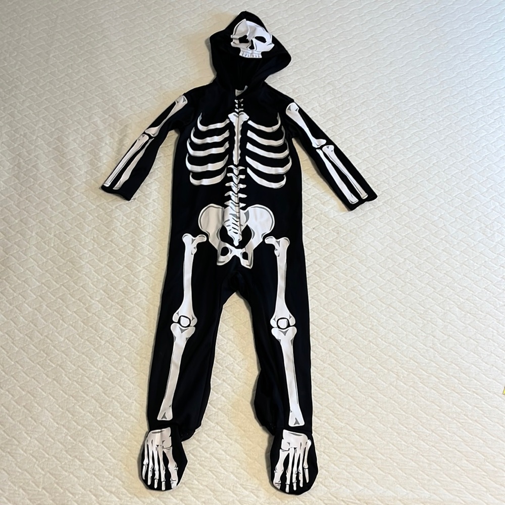 Toddler Skeleton costume onesie, black w/white printed bones kids 12-18 months